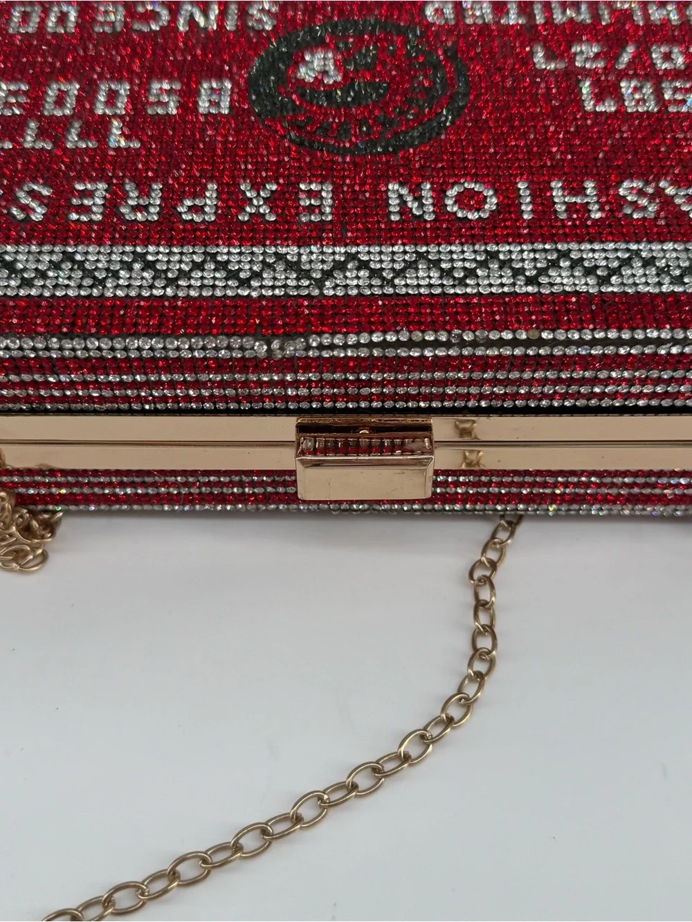 Fashion Express Red Crystal Evening Clutch with Gold Chain Strap